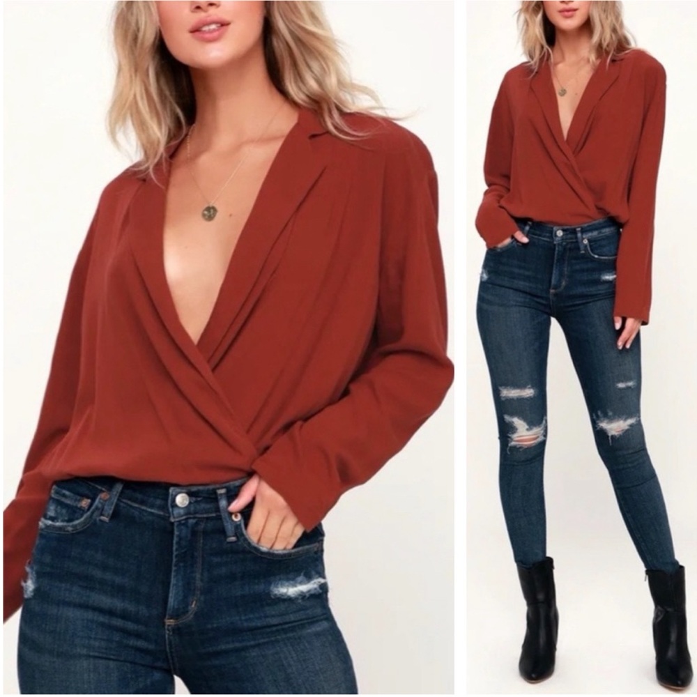Intimately Free People Elsa Surplice Long Sleeve Bodysuit in Terracotta Rust Red